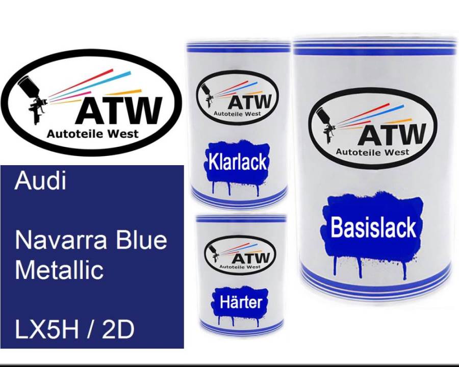 Audi, Navarra Blue Metallic, LX5H / 2D: 500ml Lackdose + 500ml Klarlack + 250ml Härter - Set, von ATW Autoteile West.